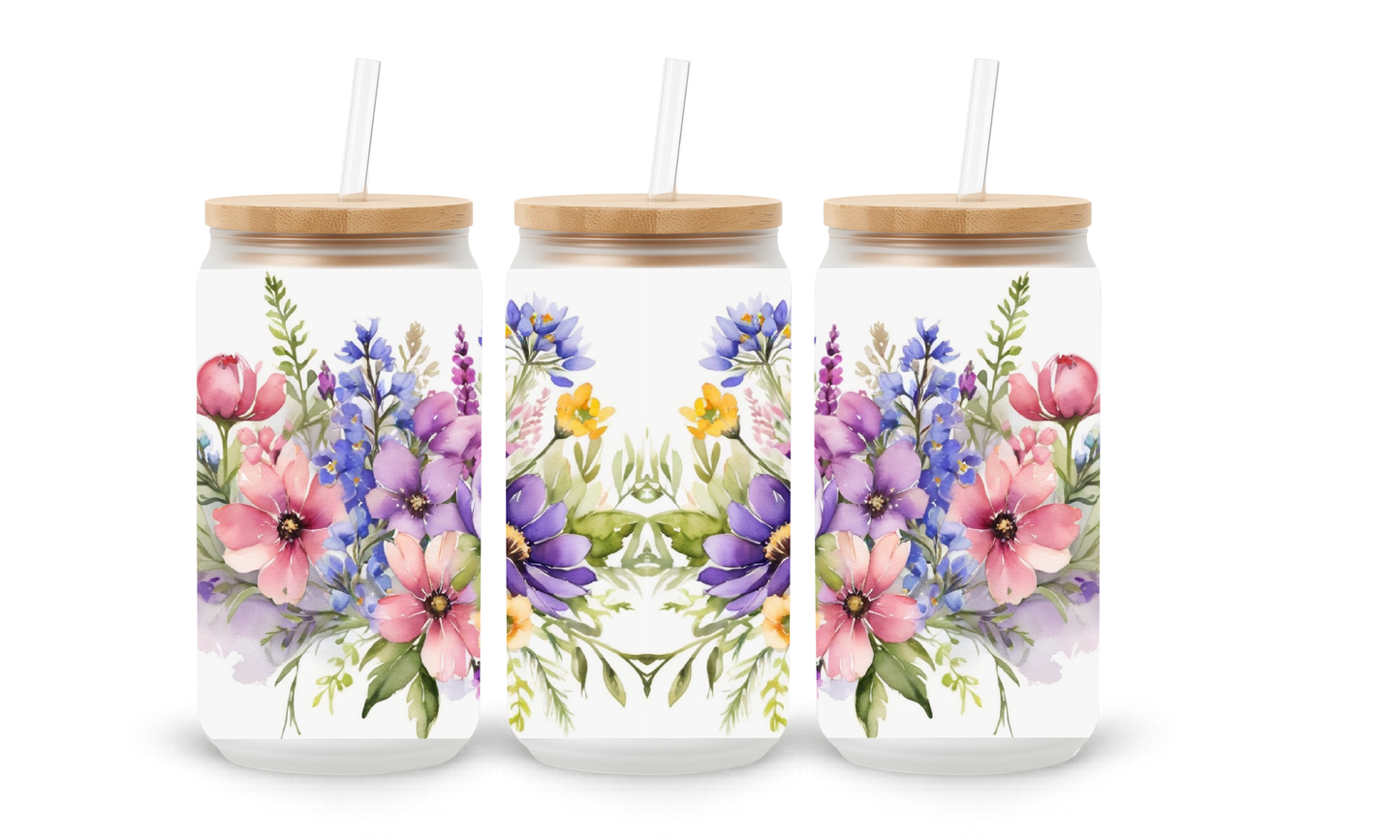 Spring Floral Bouquet - 18oz Glass Can Tumbler