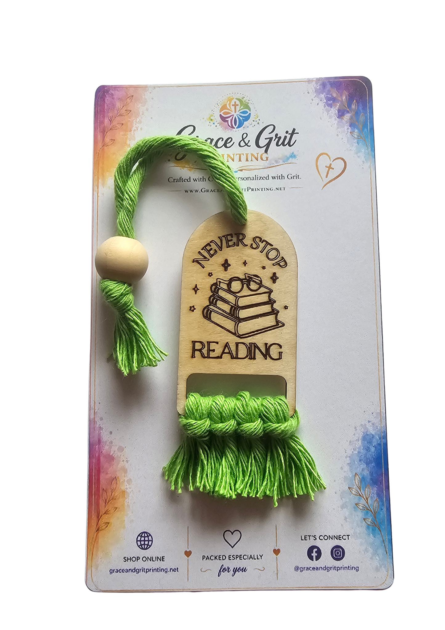 Never Stop Reading - Macramé Wooden Bookmark