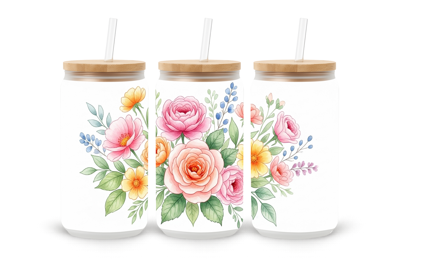 Rose Garden Floral - 18oz Glass Can Tumbler