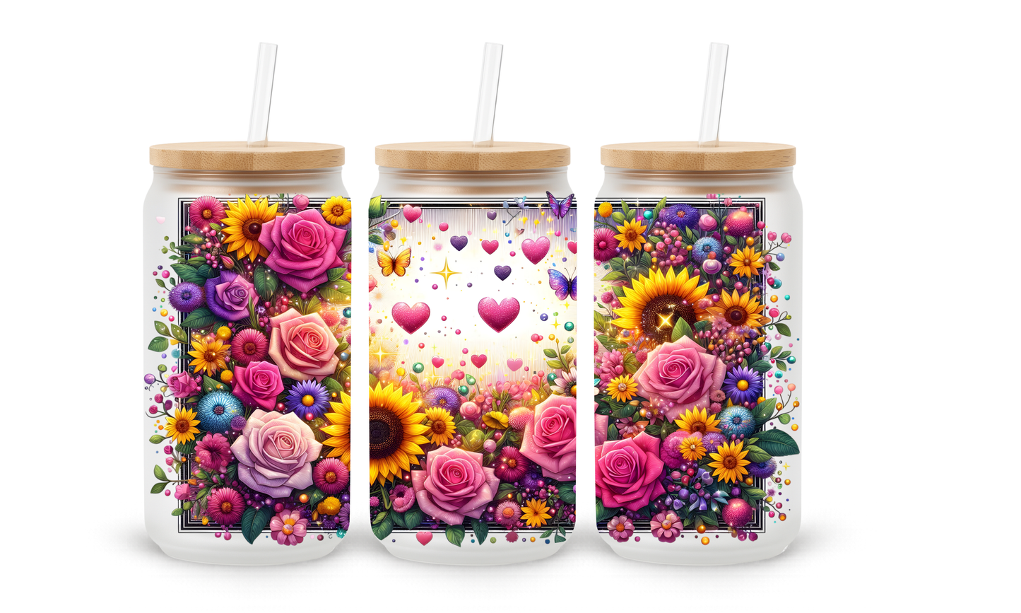 Bright Roses and Sunflowers - 18oz Glass Can Tumbler