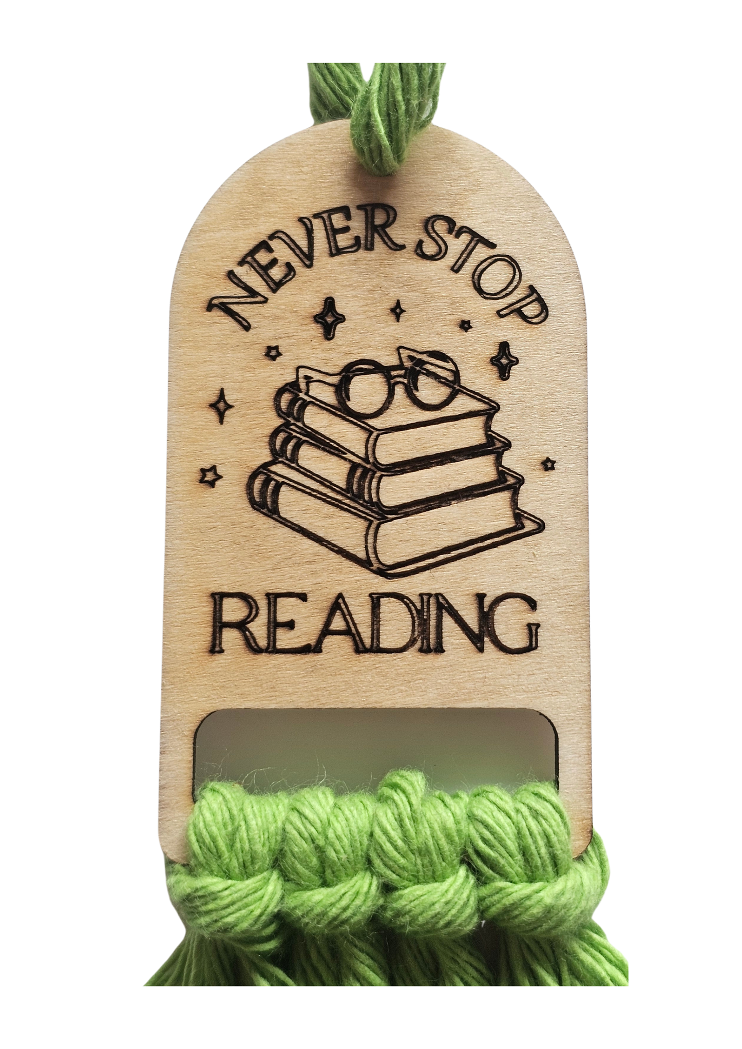 Never Stop Reading - Macramé Wooden Bookmark