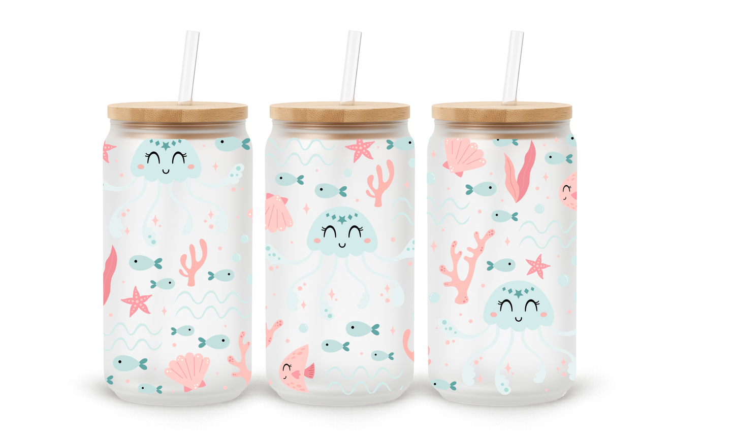 Pastel Doodle Sea Life - 18oz Glass Can Tumbler