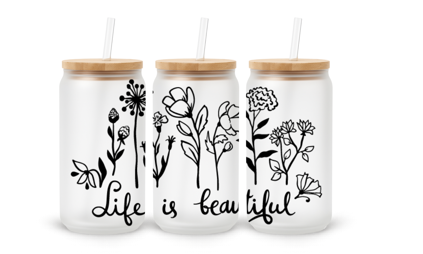Life is Beautiful Line Art - 18oz Glass Can Tumbler