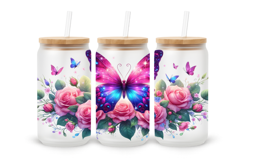 Copo de Vidro com Padrão Floral Borboleta - 530ml