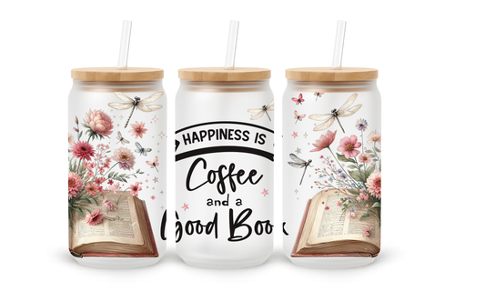 Vintage Books, Felicidade é Café e um Bom Livro - Copo de Vidro de 18oz com Tampa e Palhinha