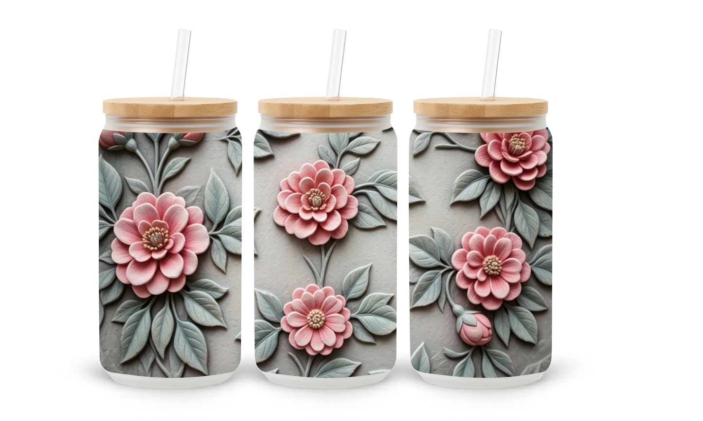 Pink Embossed Flowers - 18oz Glass Can Tumbler