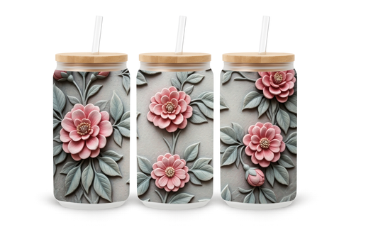 Copo Térmico em Vidro com Flores Cor-de-Rosa em Relevo - 530ml