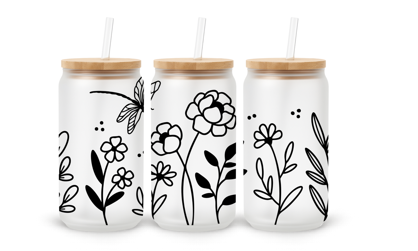 Black Floral Line Art - 18oz Glass Can Tumbler