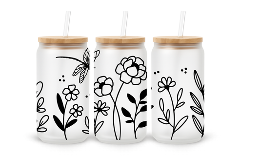 Black Floral Line Art - 18oz Glass Can Tumbler