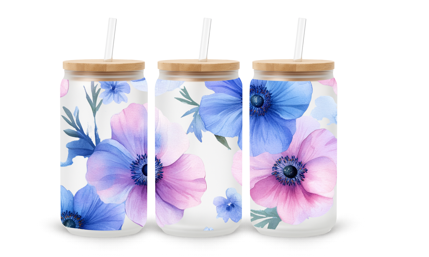 Copo Caneca de Vidro 18oz - Floral Aquarela Azul e Rosa