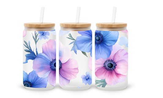 Copo Caneca de Vidro 18oz - Floral Aquarela Azul e Rosa