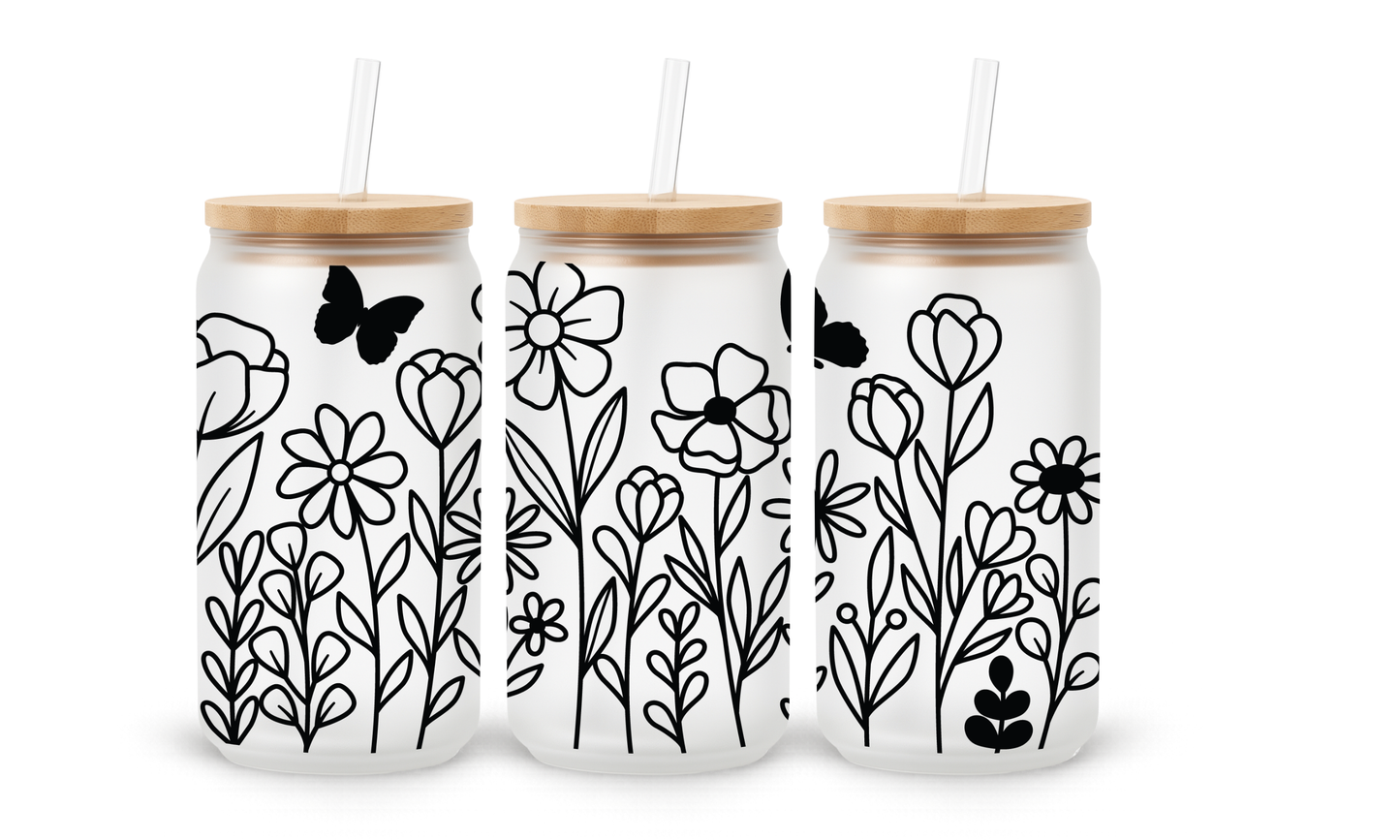 Black Wildflower Line Art - 18oz Glass Can Tumbler