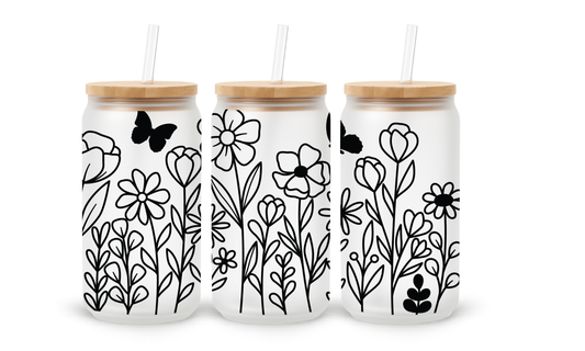 Black Wildflower Line Art - 18oz Glass Can Tumbler