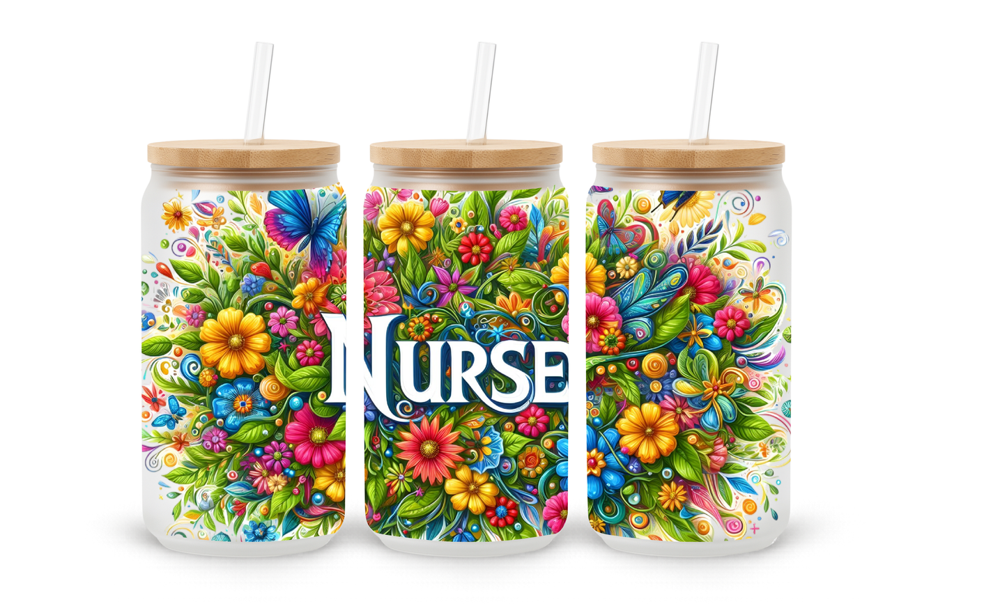 Nurse Floral Garden - 18oz Glass Can Tumbler