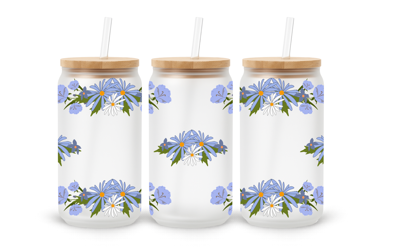 White and Blue Wildflowers - 18oz Glass Can Tumbler
