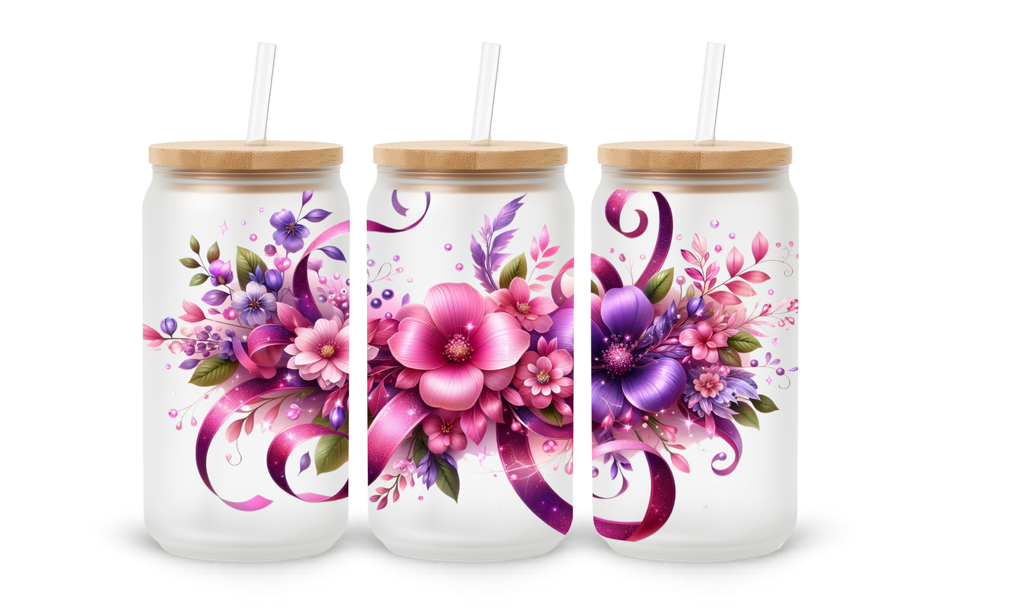 Pink Swirl Floral - 18oz Glass Can Tumbler