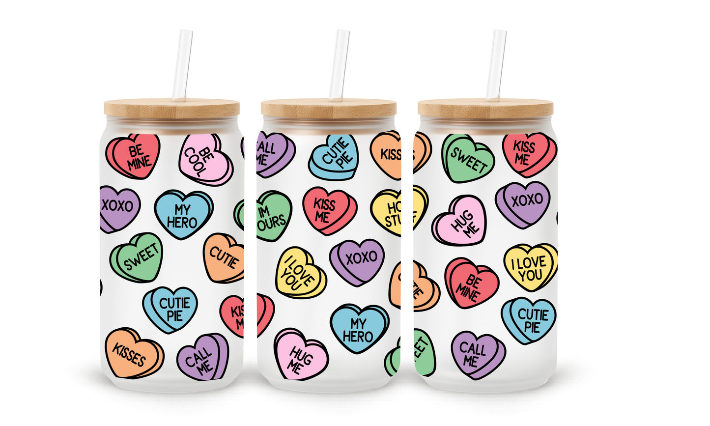 Retro Candy Hearts - 18oz Glass Can Tumbler