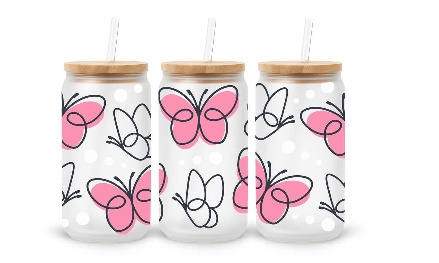 Pink Butterfly Line Art - 18oz Glass Can Tumbler
