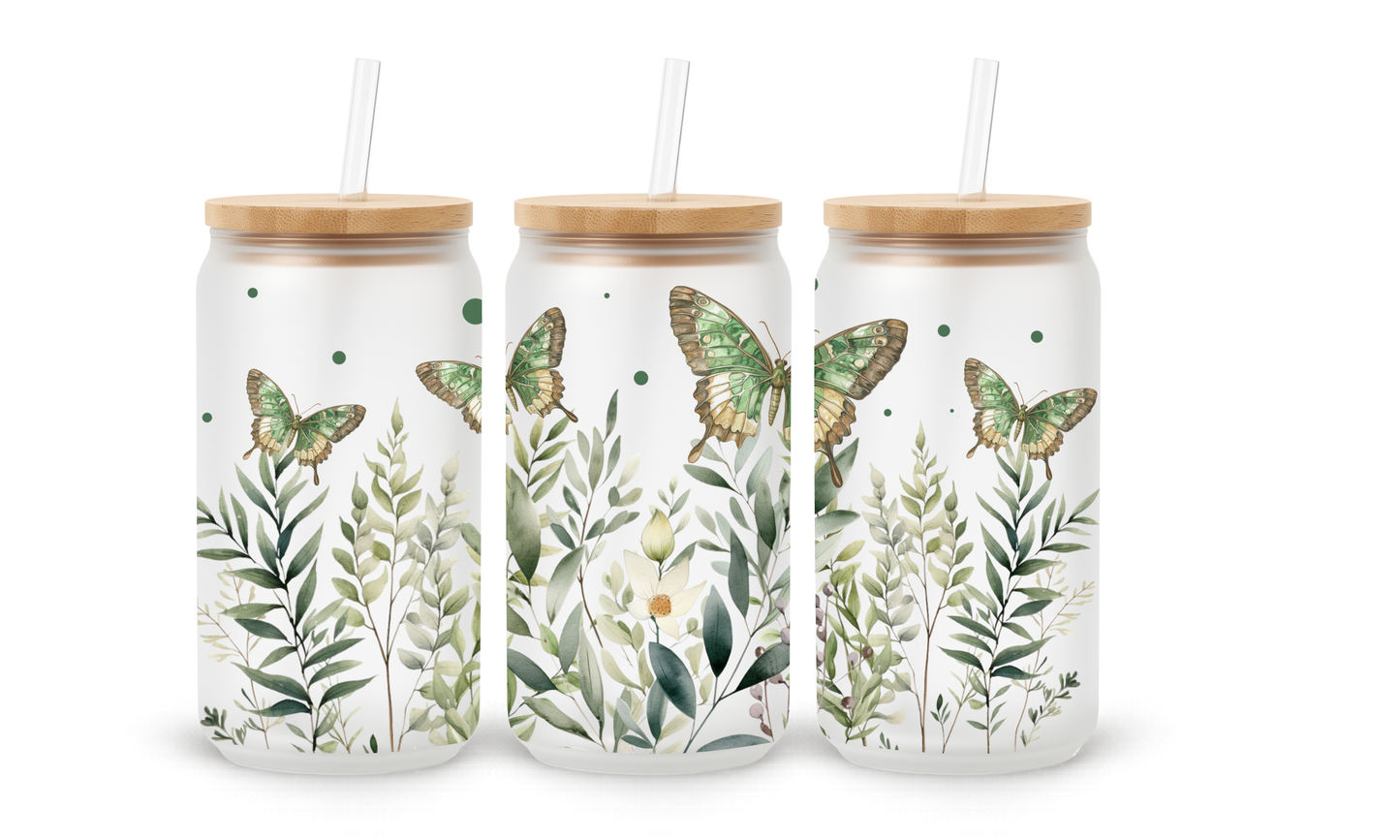 Copos de Vidro com Padrão de Borboletas Botânicas - 530ml