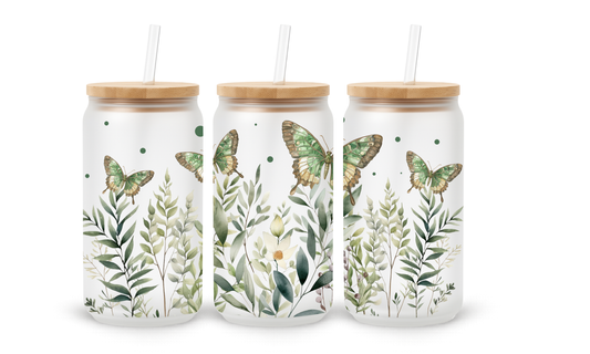 Copos de Vidro com Padrão de Borboletas Botânicas - 530ml