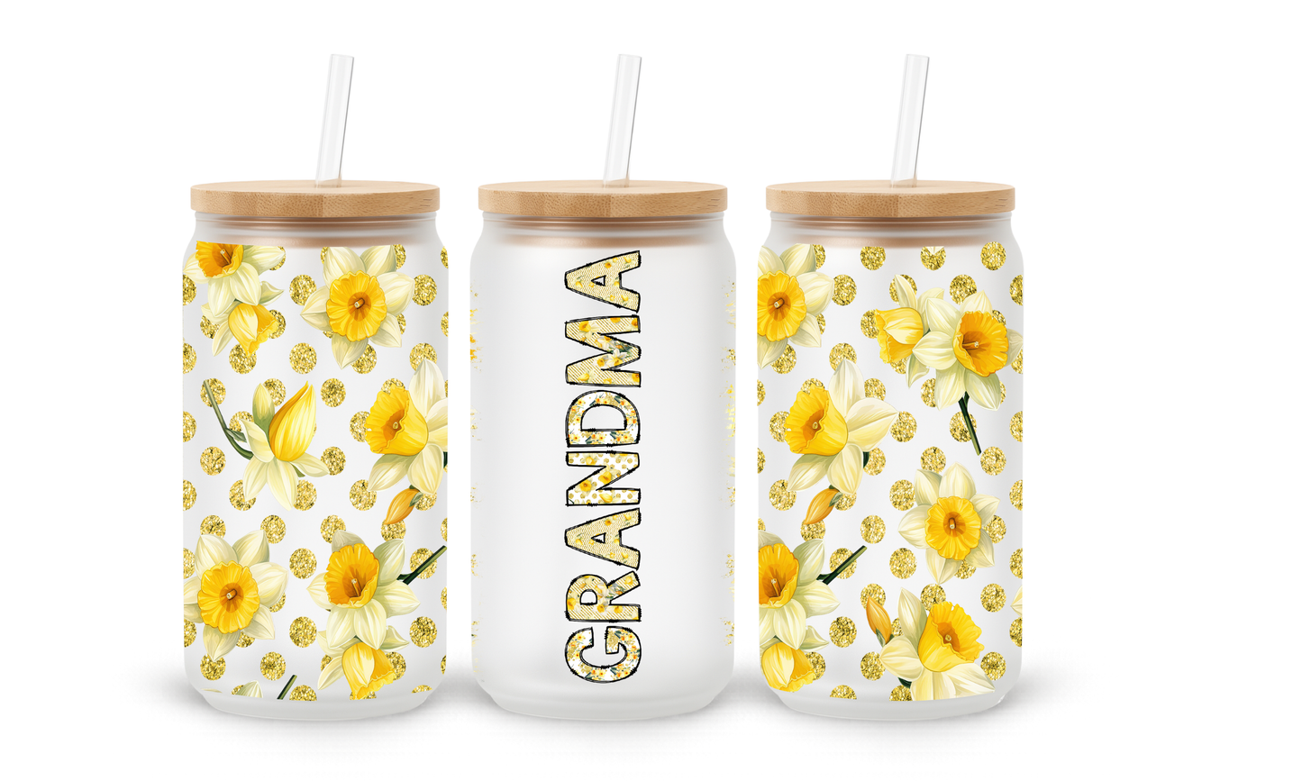 Grandma Yellow Floral - 18oz Glass Can Tumbler