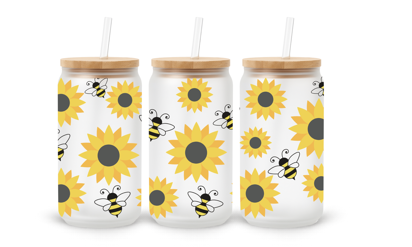 Copo de Vidro com Padrão de Abelha e Girassol - 18oz