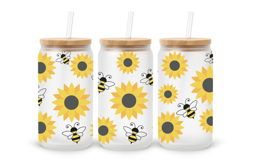 Copo de Vidro com Padrão de Abelha e Girassol - 18oz