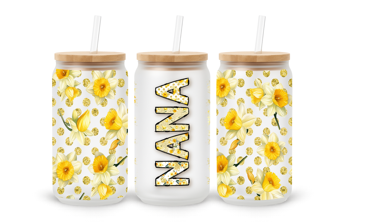 Nana Yellow Floral - 18oz Glass Can Tumbler