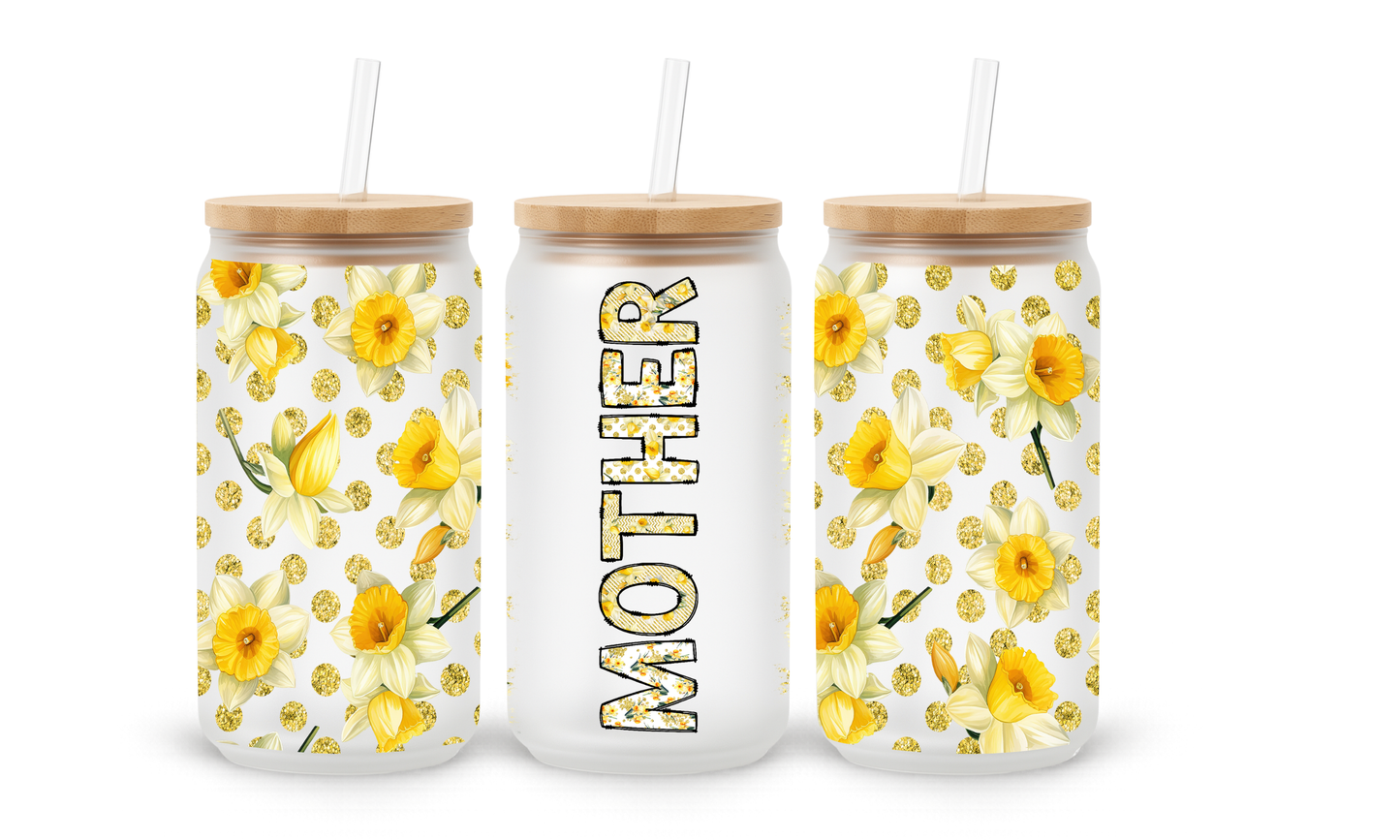 Mother Yellow Floral - 18oz Glass Can Tumbler