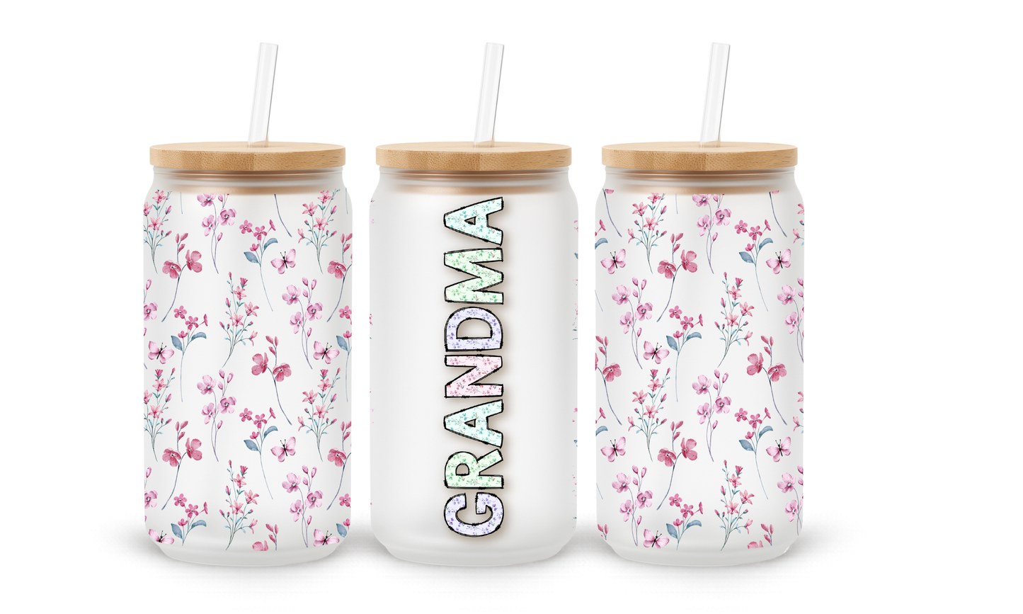 Grandma Pink Floral - 18oz Glass Can Tumbler
