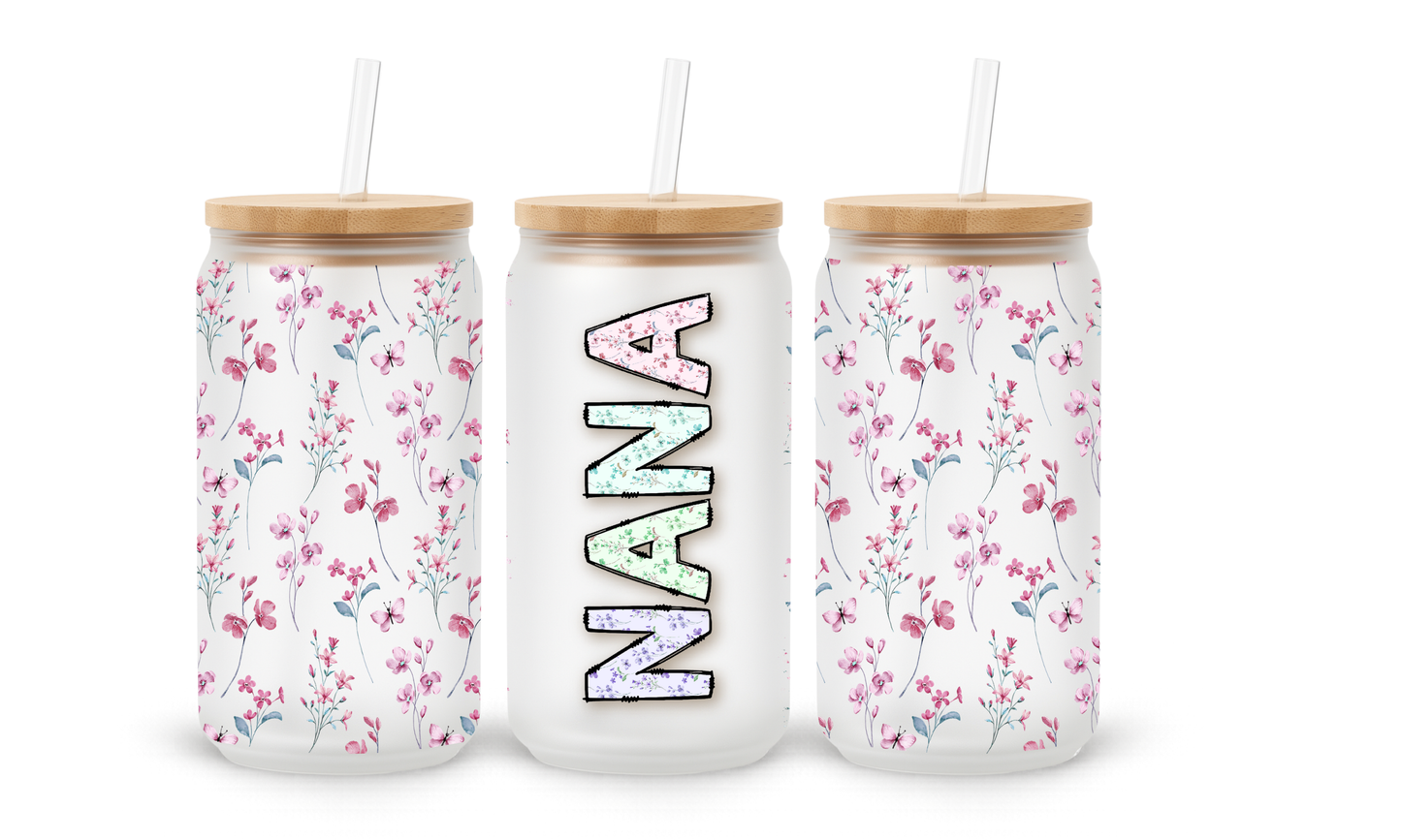 Nana Pink Floral - 18oz Glass Can Tumbler