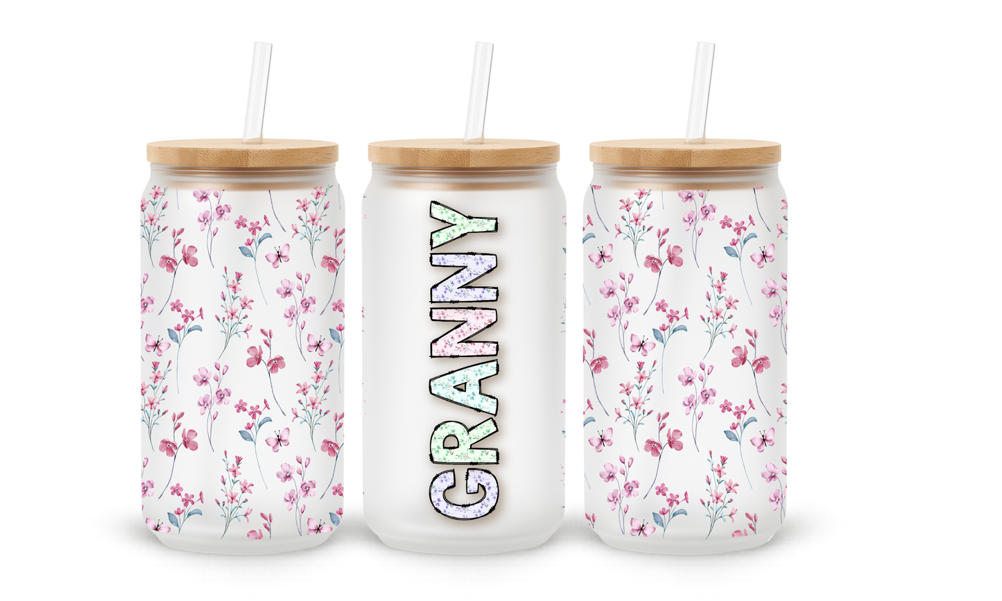 Granny Pink Floral - 18oz Glass Can Tumbler