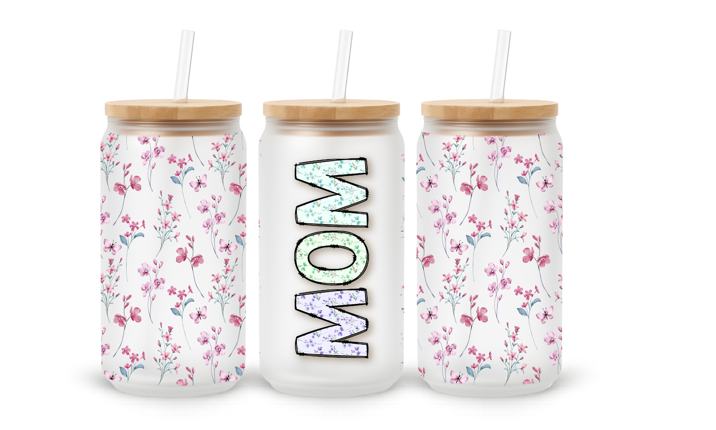 Mom Pink Floral - 18oz Glass Can Tumbler