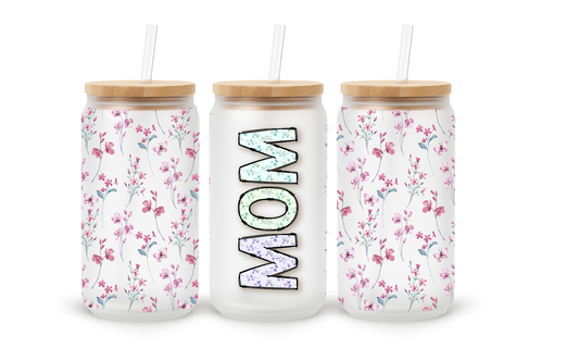 Copo de Vidro com Padrão Floral Cor-de-Rosa "Mãe" - 530ml