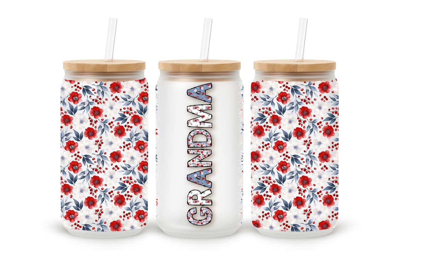 Grandma Red Floral - 18oz Glass Can Tumbler