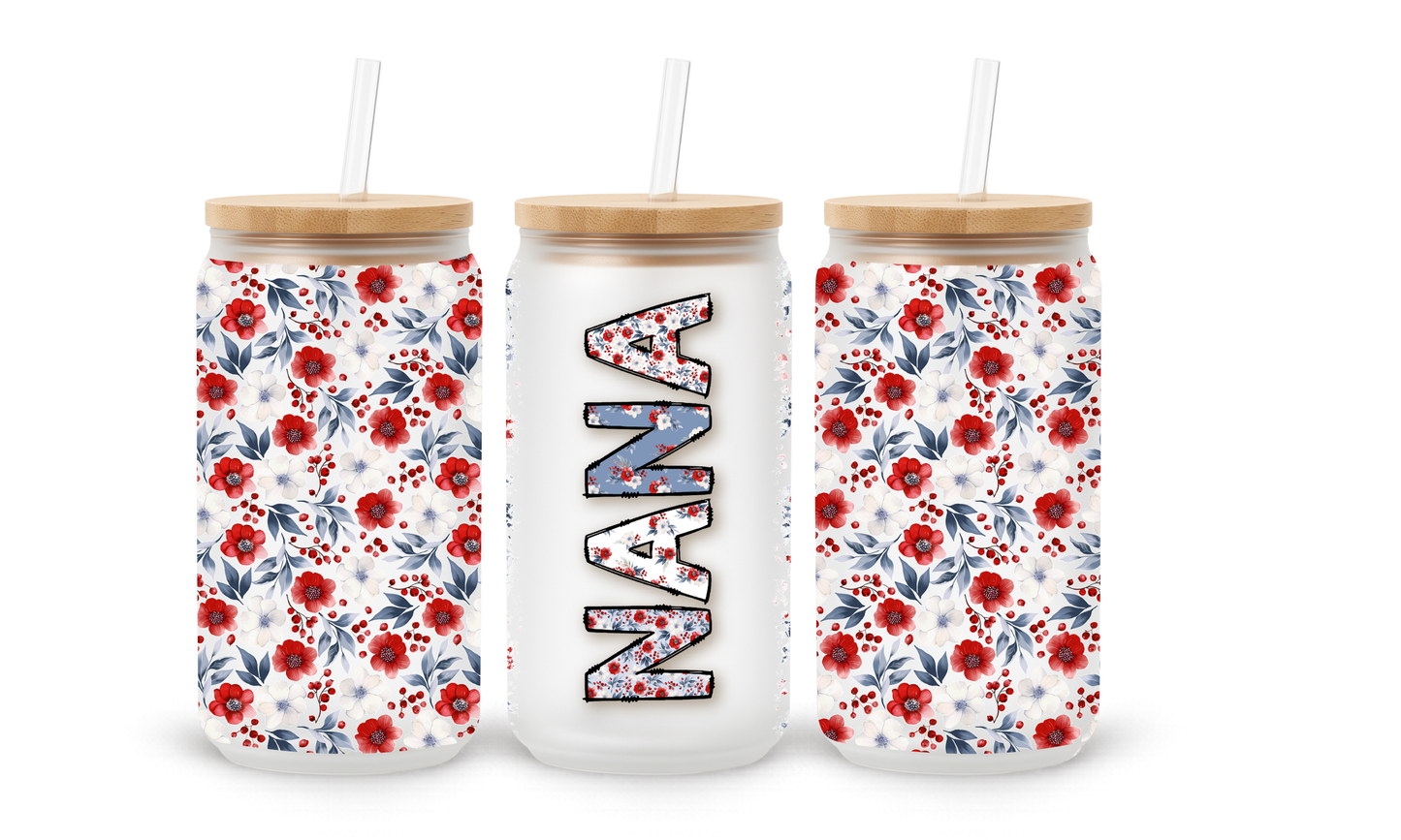 Nana Red Floral - 18oz Glass Can Tumbler