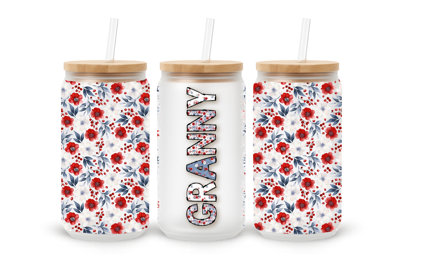 Granny Red Floral - 18oz Glass Can Tumbler