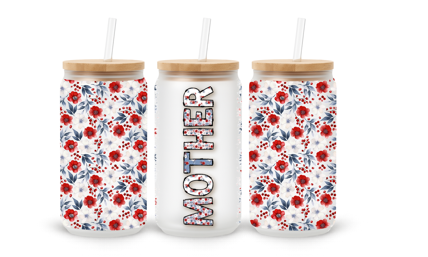 Mother Red Floral - 18oz Glass Can Tumbler