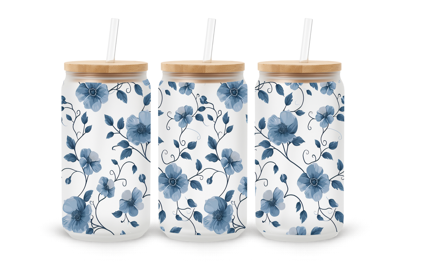 Copo de Vidro com Padrão Floral Azul Vintage - 530ml