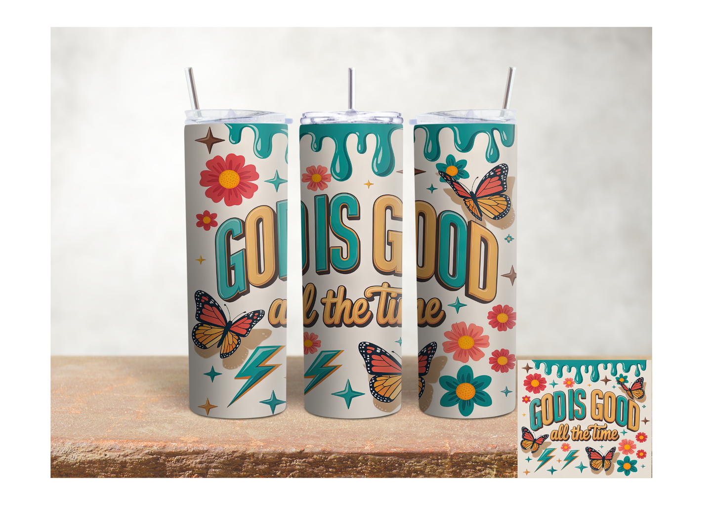 God Is Good All the Time Retro Butterflies – 20oz Stainless Steel Insulated Tumbler