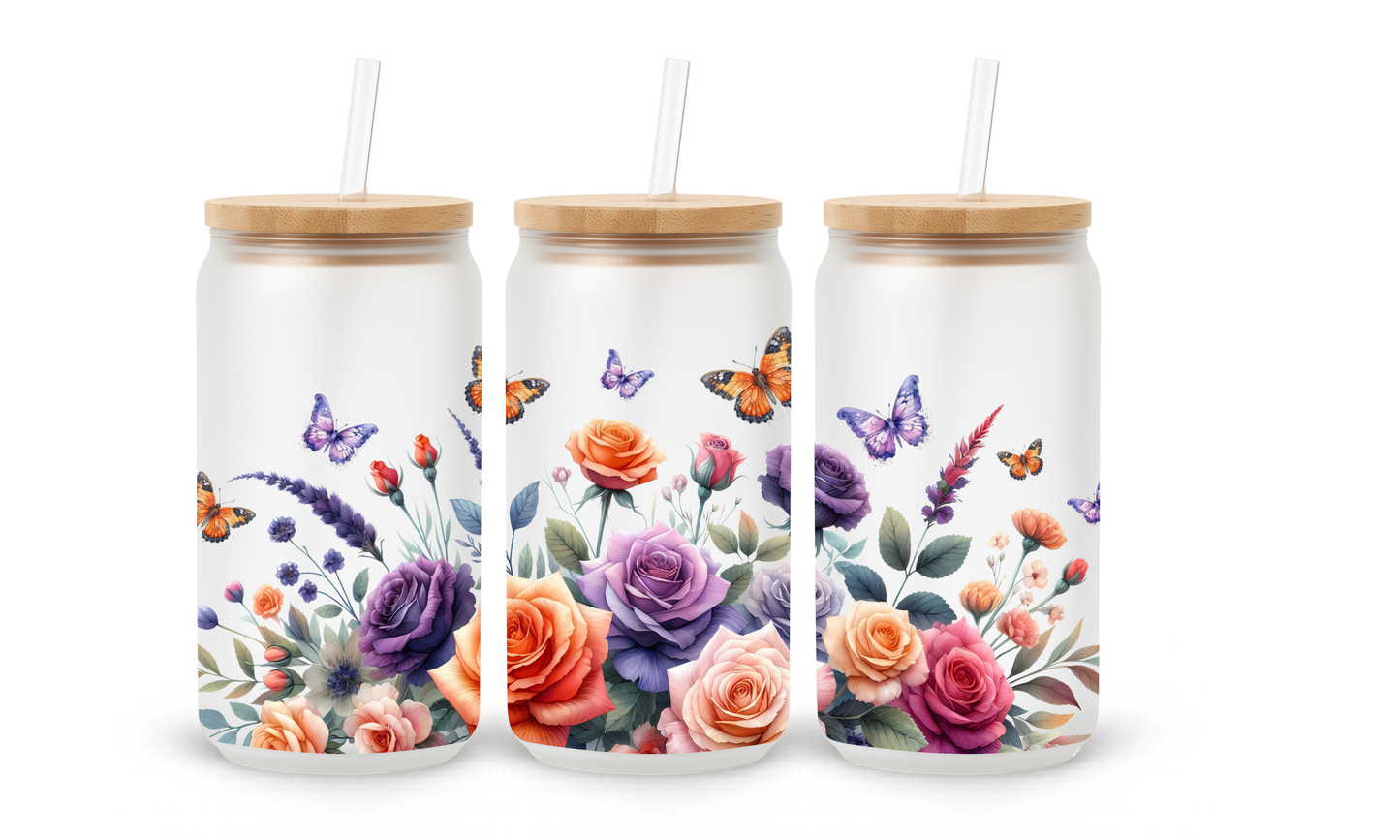 Rose and Butterfly Floral - 18oz Glass Can Tumbler