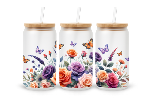 Copo com Canudo de Vidro de 530ml - Padrão Floral de Rosas e Borboletas