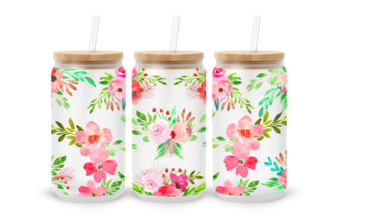 Copo Tumbler de Vidro "Pink Floral Garden" - 18oz