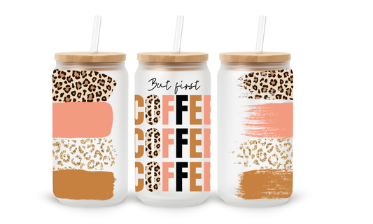 Mas Primeiro CAFÉ com Padrão Leopardo - Copo de Vidro de 530ml