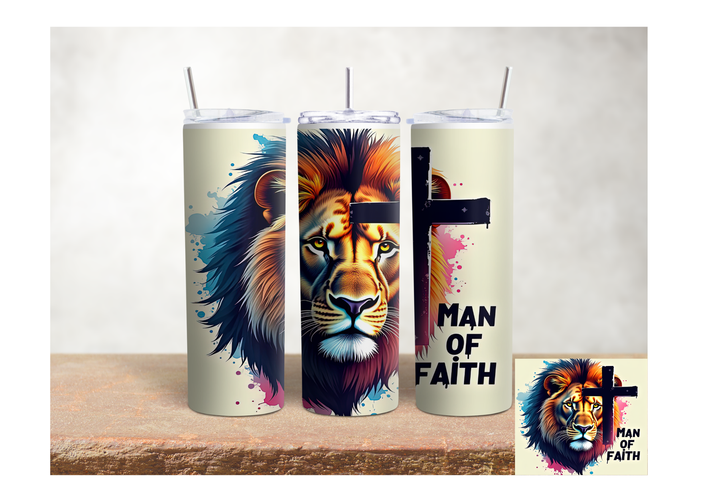 Homem de Fé Leão com Cruz – Copo Térmico Inox 20oz