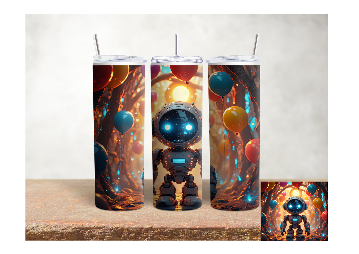 Cute Balloon Robot Adventures – 20oz Stainless Steel Insulated Tumbler