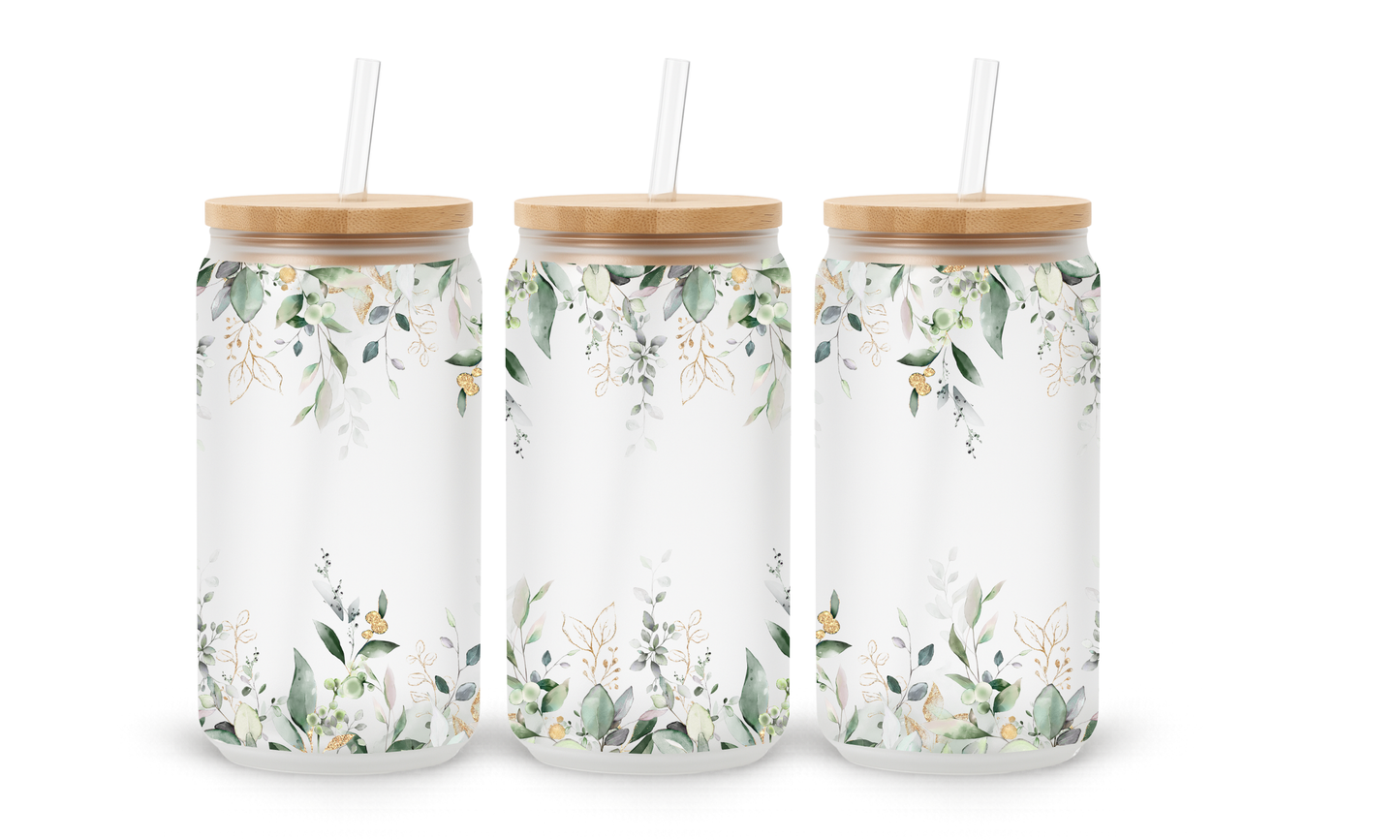 Minimalist Soft Green Wildflowers - 18oz Glass Can Tumbler