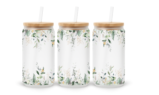 Copo de Vidro com Design Minimalista de Flores Silvestres Verdes Suaves - 530ml