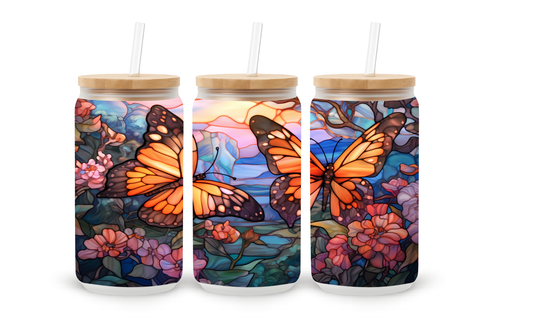 Borboletas de Vidro Manchado - Copo Tumbler de Vidro de 18oz