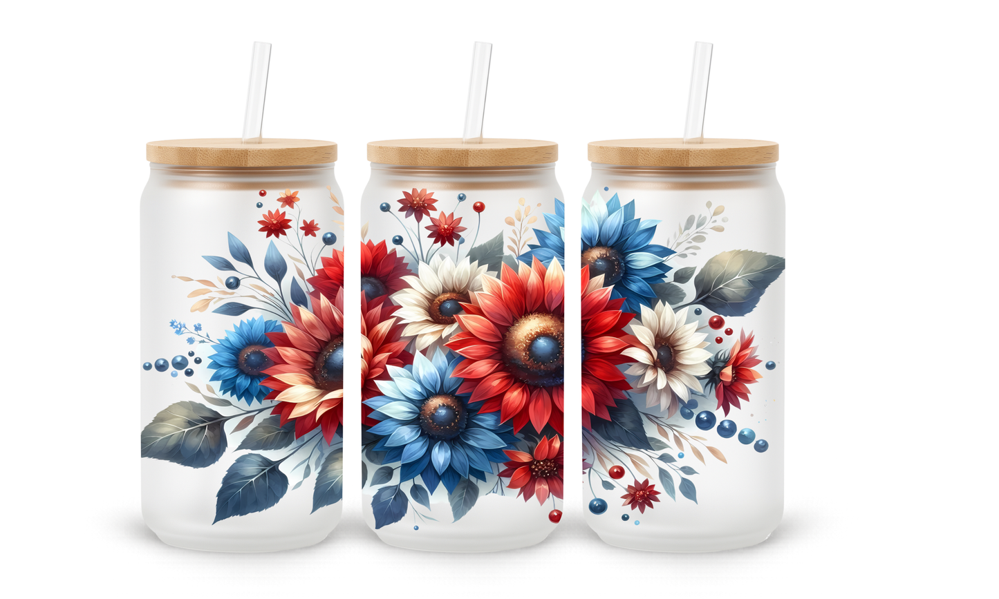Copo de Vidro com Flores Vermelhas e Azuis Vintage - 18oz